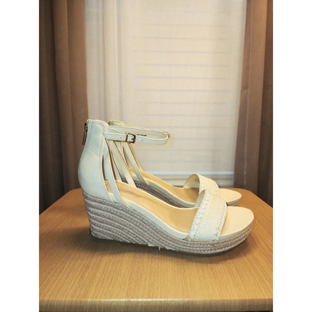 Kenneth Cole Women Macrame Strap Zipper Espadrille Wedge Platform 10 M Ivory